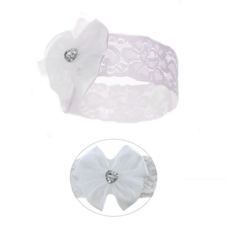 Picture of HB60-1049- LACE HEADBAND W/BOW & GEM WHITE/PANNA